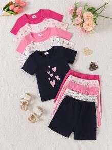 10pcs/Set Infant & Toddler Girls Casual Short Sleeve T-Shirt And Shorts Sports Outfit, Cute Heart & Letter Print, Comfortable Stretchy Pullover Tee And Pants Set, Suitable For Summer Outings