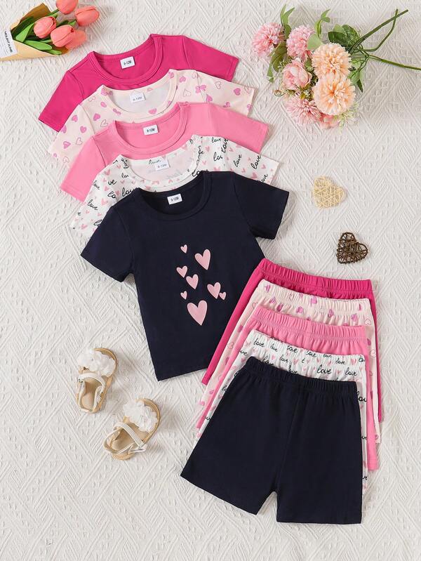 10pcs/Set Infant & Toddler Girls Casual Short Sleeve T-Shirt And Shorts Sports Outfit, Cute Heart & Letter Print, Comfortable Stretchy Pullover Tee And Pants Set, Suitable For Summer Outings