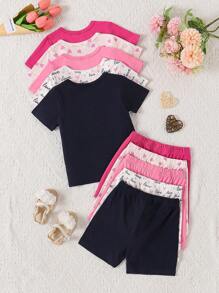 10pcs/Set Infant & Toddler Girls Casual Short Sleeve T-Shirt And Shorts Sports Outfit, Cute Heart & Letter Print, Comfortable Stretchy Pullover Tee And Pants Set, Suitable For Summer Outings