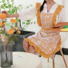Vintage Pinafore Apron Dress Women With Pockets Cute Floral Chef Aprons Kitchen Cooking Baking Gardening - 甜瓜黃 - 查看 4