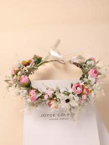 1件粉色玫瑰花卉波西米亚新娘花冠，婚礼季头饰发饰，夏威夷风情女装，发饰，头饰，准新娘，情人节配饰