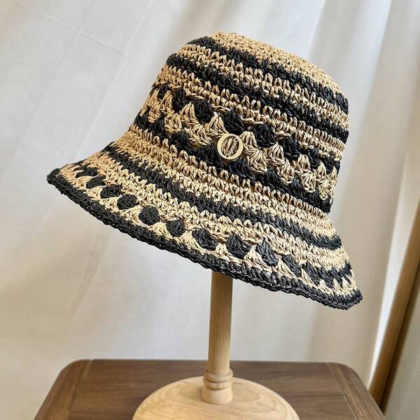 1pc Women Cute Handmade Crochet Straw Sun Hat, Foldable Summer Travel Cap