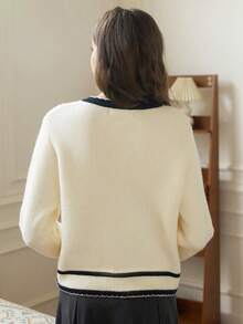 Knit Mix 针织法式休闲女士圆领长袖口袋开衫，常规宽松，撞色，春秋（图案随机） - 杏色 - 查看 3