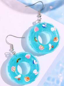 1 par de aretes con forma de aro de natación azul mini creativos y lindos para mujeres, joyería para playa/vacaciones (con decoración aleatoria de brillo en el interior)