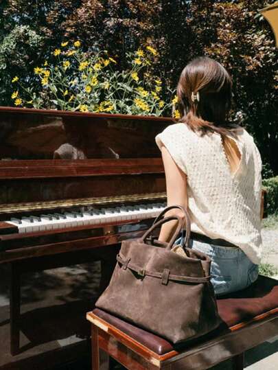 Bolsa tote vintage de camurça marrom - Bolsa de ombro grande com fecho magnético, forro de nylon, alças, ideal para o dia a dia, bolsa tote para o dia a dia | Bolsa estilo vintage | Alças, bolsa tote