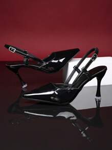 1 Pair Girl's Black Shiny Patent Leather High Heel Sandals, With Pointed Toe, Strap Buckle Design, Stiletto Heel, Suitable For Parties, Outings, Traveling, Summer New Arrival