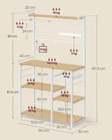 Étagère de Cuisine, Meuble de Rangement, Îlot de Cuisine avec Support Magnétique pour Couteaux, Panier Métallique, Support pour Essuie-Tout, 12 Crochets, Doré Chêne et Blanc - Couleur bois + blanc - Voir 5