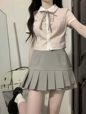 1 件甜美学院风拼布马球领蝴蝶结修身 JK 制服套装，适合女士，简约性感修身灰色百褶裙 JK 制服套装（不含领带）万圣节