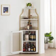 NANSTATA Stylish Corner Wine Rack - Bar Cabinet With Glass Holder, Storage Shelves, Adjustable Shelf, And Mesh Door For Home Bar In Small Spaces
