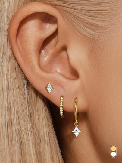 3 Stücke modisches Schmuckset mit Kupfer, Zirkonia und Goldstecker, Creolen, Hängeohrringe, vielseitiges Geschenk für Frauen, Geburtstag, Urlaub, Date, Party, Alltag, Neujahr, Valentinstag, Mutter, Muttertag