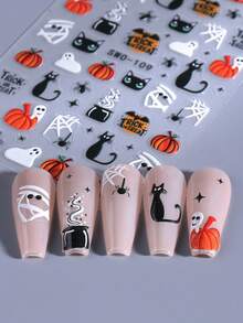 2 件浮雕可爱万圣节指甲贴纸鬼南瓜蜘蛛网黑猫贴花美甲设计白色骷髅头骨绷带花自粘纹理节日滑块美甲装饰美甲用品