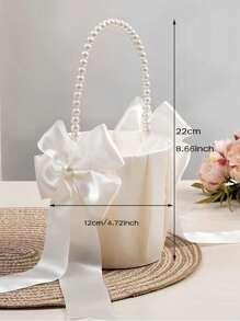 1/2pcs White Faux Pearl Wedding Flower Basket - White Bow Flower Basket, Satin Flower Basket, Suitable For Wedding Party Decoration, New Year Gifts, Decorative Gifts
