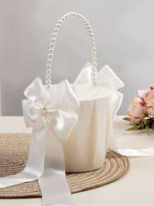 1/2pcs White Faux Pearl Wedding Flower Basket - White Bow Flower Basket, Satin Flower Basket, Suitable For Wedding Party Decoration, New Year Gifts, Decorative Gifts
