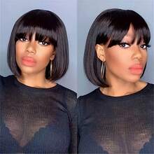 Brazilian Human Hair Wig With Bangs Remy Straight Bob Wigs Full Machine Made Wig For Women 8-14 Inches Non Lace Bob Wigs 200% Density Glueless Wigs - Natural Black - View 4