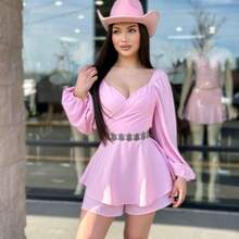 Women's Ruffle Self Tie Romper - Perfect For Western& Womenswear Overalls Suits Long Sleeve Comfort Basic - 淺粉色 - 查看 3