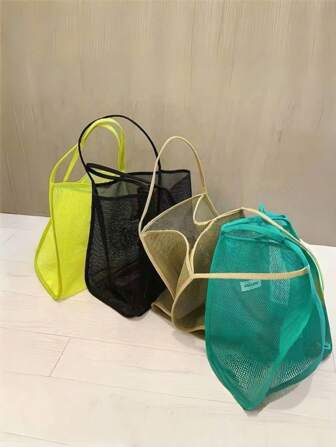 1 件女孩透明网眼单肩包大容量通勤手提包适合沙滩包日常使用