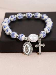 1 pièce Magnifique et délicat bracelet en céramique avec perles dorées et perles baroques artificielles, avec Vierge Marie et pendentif en acier inoxydable. Un excellent cadeau/bijou chrétien/cadeau chrétien