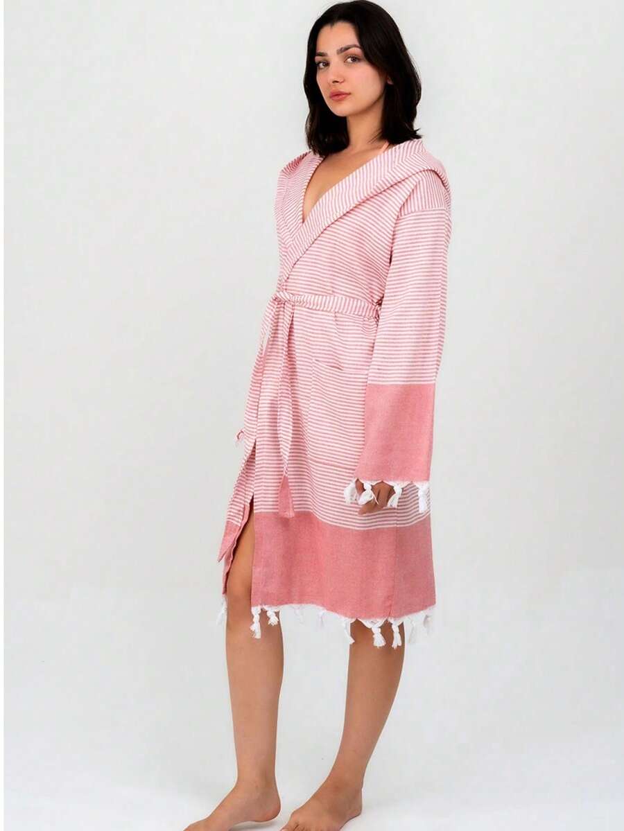 MADE IN TURKEY – Bathrobe – %80 Cotton %20 Polyester – Soft And Absorbent Spa Robe With Belt And Pockets – Sizes: S / M / L – Lightweight And Quick Dry - Pink - View 1
