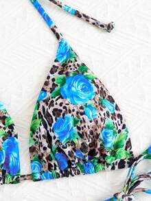 女士时尚性感豹纹花卉印花露背比基尼套装，春夏新品