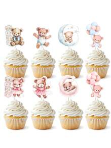 Set de 12 piezas/24 piezas de decoraciones en forma de oso de globos de color rosa y azul para decorar cupcakes de baby shower, revelación de sexo, decoración de fiesta de cumpleaños y pastel