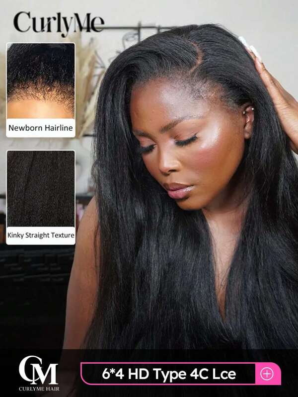 CURLYME Glueless HD Lace 6x4 Kinky Straight Bob Lace Closure Wig Type 4C Hairline Natural Black 180% Density 10-14 Inch Pre-Plucked & Pre-Cut 100% Human Hair Wear & Go Beginner Friendly