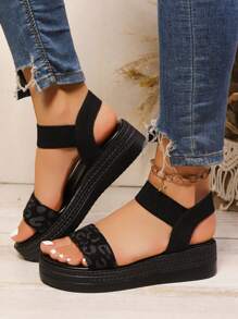 Women's Leopard Print Wedge Heel Platform Slip-On Sandals, Comfortable Outdoor Heels