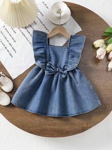 Summer New Baby Girls' Cute Bow Decor Cap Sleeves Denim Dress, Casual