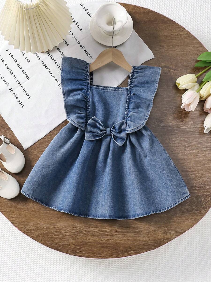 Summer New Baby Girls' Cute Bow Decor Cap Sleeves Denim Dress, Casual