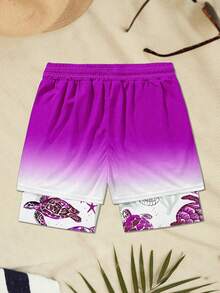 Turtle Print Lining Beach Casual Layered Shorts - Purple - View 2