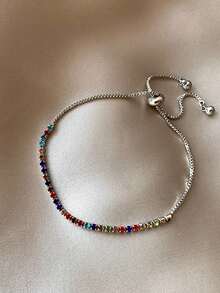 1pc Luxury Niche Design High-End Versatile BFF Accessory Lucky Rainbow Candy Dopamine Bracelet, Crystal Color/Quantity Random - Silver - View 2