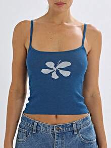 Women Knit Cami Tank Top Y2K Floral Spaghetti Strap Low Cut Slim Fit Camisole Crop Tops Backless Sleeveless Vests Shirts Vintage Flower Print Going Out Tops Summer Beach Vacation Outfit Club Party Streetwear - Màu xanh lam - Xem 4