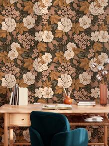 Peel And Stick Wallpaper Floral Vintage Removable Rose Leaf Black/Brown/Beige Stick On Mural Botanical Rose Wall Art Wall Decor Flowers On Navy Bluekid's Room Self Adhesive Wallpaper Wall Paper Wall Stickers Room Decor Wall Sticker