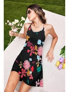 Women's Racerback Sleeveless Nightgown, Sleepwear - Black Red Flower - View 3