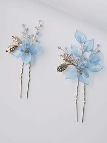 2 Pcs Flower & Leaf Crystal Bridal Hair Clips, Simple Hair Accessories Suitable For Wedding, Daily, And Vacation Occasions Valentine's Day Accessories - Blue - View 2