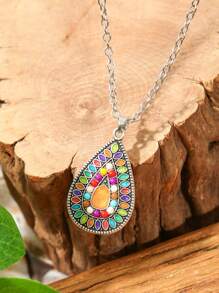 TopHanqi 3pcs Women Bohemian Vintage Jewelry Set, Geometric Teardrop Oil Drip Earrings & Beaded Pendant Necklace, Cute & Elegant, Suitable For Daily Wear, Parties, Gatherings, All Season Gift