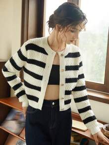 Knit Mix 女士针织法式通勤开衫，条纹圆领长袖纽扣前襟宽松版型，时尚返校季女装秋冬装 - 黑與白 - 查看 6