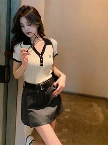 返校法式领针织短袖短款毛衣，珍珠纽扣，合身，学院风，夏季新品 - 杏色 - 查看 8