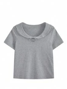 Yellow Short Sleeve Peter Pan Collar Fitted Solid Color Cropped Top For Women, Summer, Versatile Casual Spring - Grey - View 6