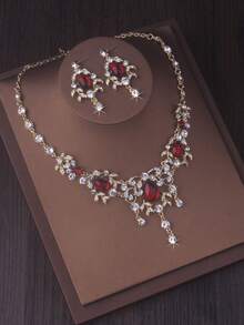 High End And Stylish New Necklace+Pair Of Earrings Set, Red And Green Water Droplet Pendant Set, Bridal Accessories, Wedding Dress, Evening Party Accessories - 項鍊+耳環套裝 - 查看 5