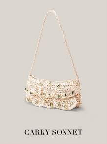 Bolso de hombro de paja para mujer, bolso de playa tejido de paja, pequeño clutch de paja, bolso, billetera y monedero, dulce y elegante, liviano y con estilo, una opción versátil para salidas diarias. Bolsos y carteras para mujer, verano, regalos de maestros, artículos esenciales para vacaciones, artículos esenciales de viaje