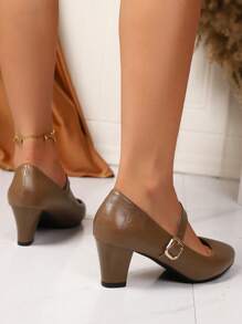 1 Paio Di Classiche E Eleganti Scarpe Mary Jane Con Cinturino E Fibbia, Punta Affusolata, Tacco Largo, Colore Solido, Comode E Versatili, Adatte Per La Primavera, L'estate E L'autunno, Taglie Grandi, Tacchi Alti Per Donne