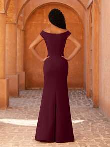 MOEVIO 女士优雅露肩紧身鱼尾开衩长款正式伴娘婚礼宾客派对晚礼服，适合毕业典礼、返校节、节日、约会等场合，春季穿着 - 酒紅色 - 查看 3