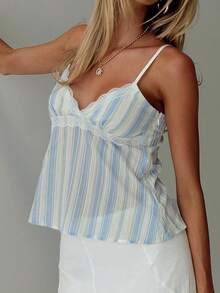 Women Y2k Lace Trim Cami Top Spaghetti Strap Sheer Mesh V Neck Camisole Summer Sexy Backless Tank Tops Outfits Summer Vacation Beach Streetwear - 淺藍色 - 查看 1