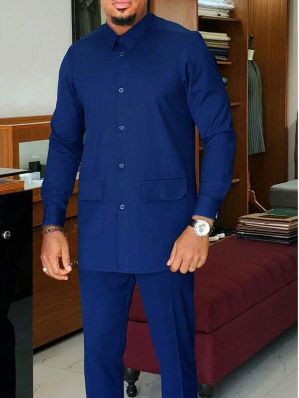 2pcs/Set Men's Dashiki, Classic Casual Shirt With Long Sleeve, Collar, Button, Pocket, Front Slit Hem, And Elastic Waist Pants, Streetwear, Suitable For Gatherings, Dates, Weddings, Cultural Events, Traditional Ceremonies