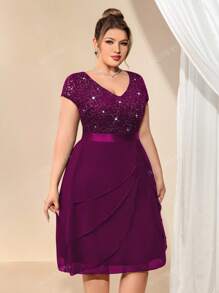 Plus V Neck Sequin Lace Contrast Ruffle Trim Chiffon Hem Cocktail Party Swing Dress