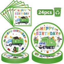 24pcs Garbage Truck Paper Plates & Napkins, Disposable Plates, Party Supplies, Cake & Dessert Plates, Tableware Set, Suitable For Birthday Party, Baby Shower, Daily Meals, Holiday Picnic, Garbage Truck Theme Birthday Party, Serves 24 Guests, Green - Multicolor - View 1