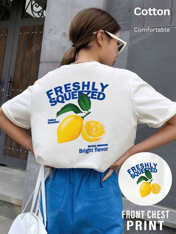 Geribbeld katoenen dames t-shirt, frisse citroenprint, college-stijl lente en zomer nieuwe sportkleding voor dames, soepele, zachte, ademende dames witte tops met korte mouwen
