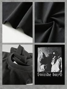 (220g Pure Cotton T-Shirt) Men Plus Size Summer Casual Tee Round Neck Short Sleeve T-Shirt 1Pcs With Mysterious And Edgy "Suicide Boys" Black - And - White Design Double Sided Digital Print - màu đen - Xem 4