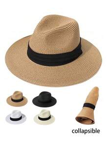 Summer Foldable Panama Hat, European And American Style Sun-Shading Jazz Hat, Outdoor UV Protection Beach Straw Hat, Versatile & Unique