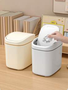 A Small-Sized, Mini Plastic Trash Can With A Swing-Top Lid, Suitable For Use On Household Tables. This Lidded Wastebasket Doesn't Require Electricity And Is Perfect For The Living Room, Tea Area, Office, Bedside Table, Bathroom, Bedroom, And Home In General. - Multicolor - View 2